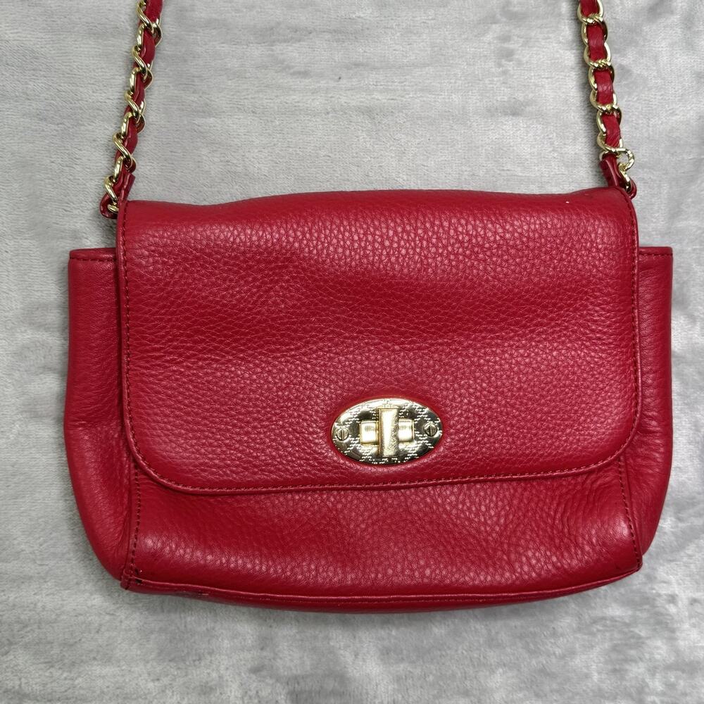 Talbots Crossbody Shoulder Bag Womens Red Pebbled Leather Chain Strap Turn Lock
